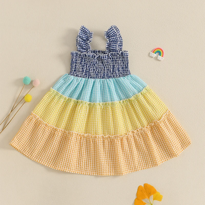 FOCUSNORM 0-4Y Lovely Little Kids Girls Summer Dress Colorful Plaid Striped Print Sleeveless Suspender Smocked A-Line Dress