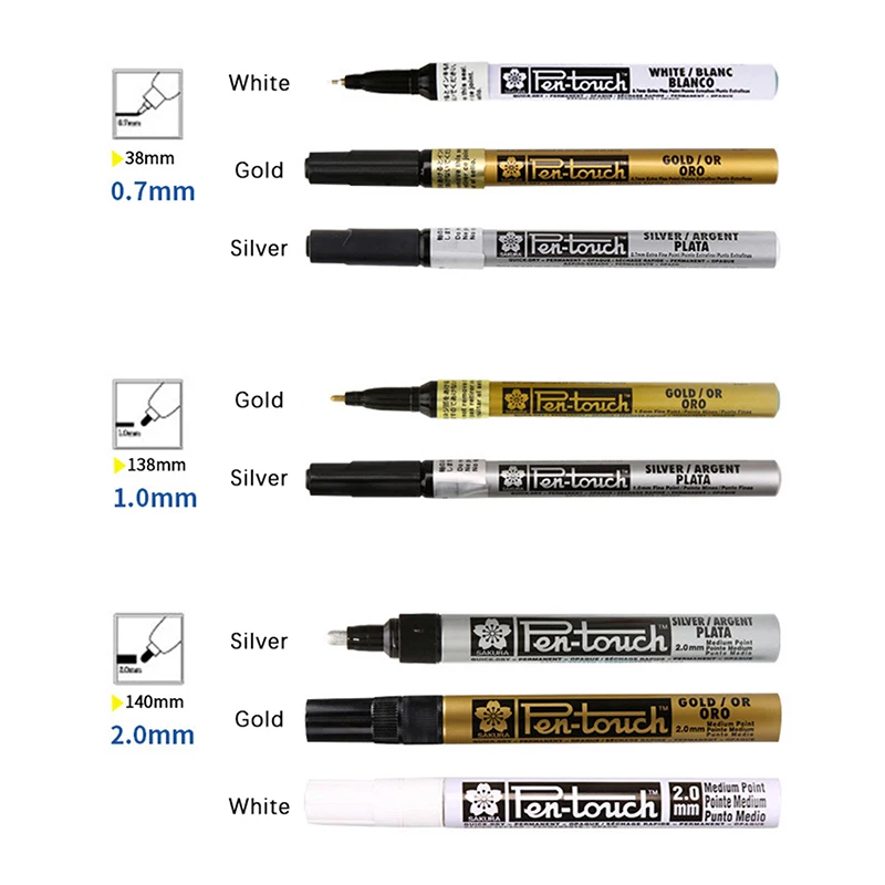 Stylos marqueurs métalliques en continu pour étudiants, stylo à doublure à crochet, croquis d'art graffiti, papeterie, blanc, argent, or, 0.7mm, 1.0mm, 2.0mm