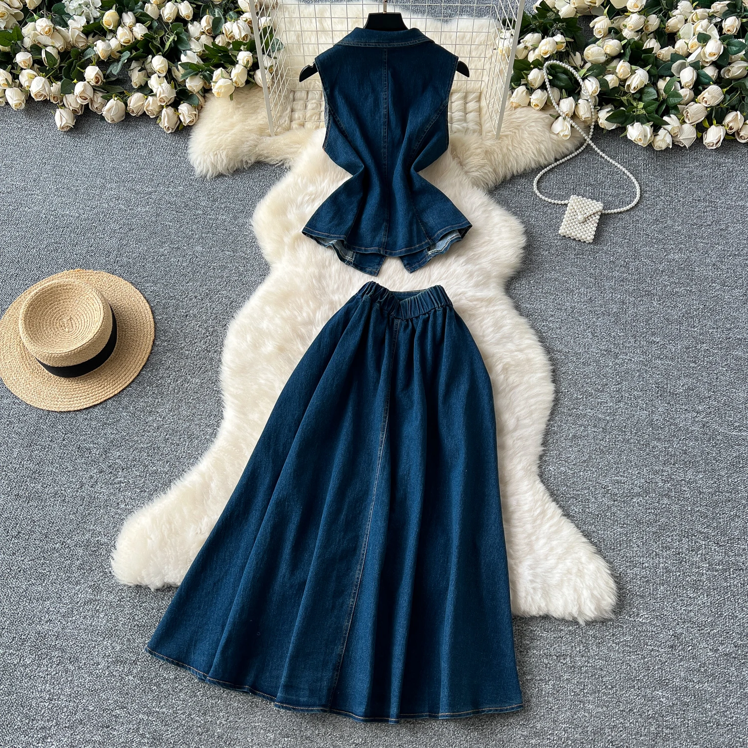 Women OL Long Denim Skirt Sets Pleated Waist Lapel Sleeveless Denim Shirt + High Waist Jeans Skirt Clothing Sets