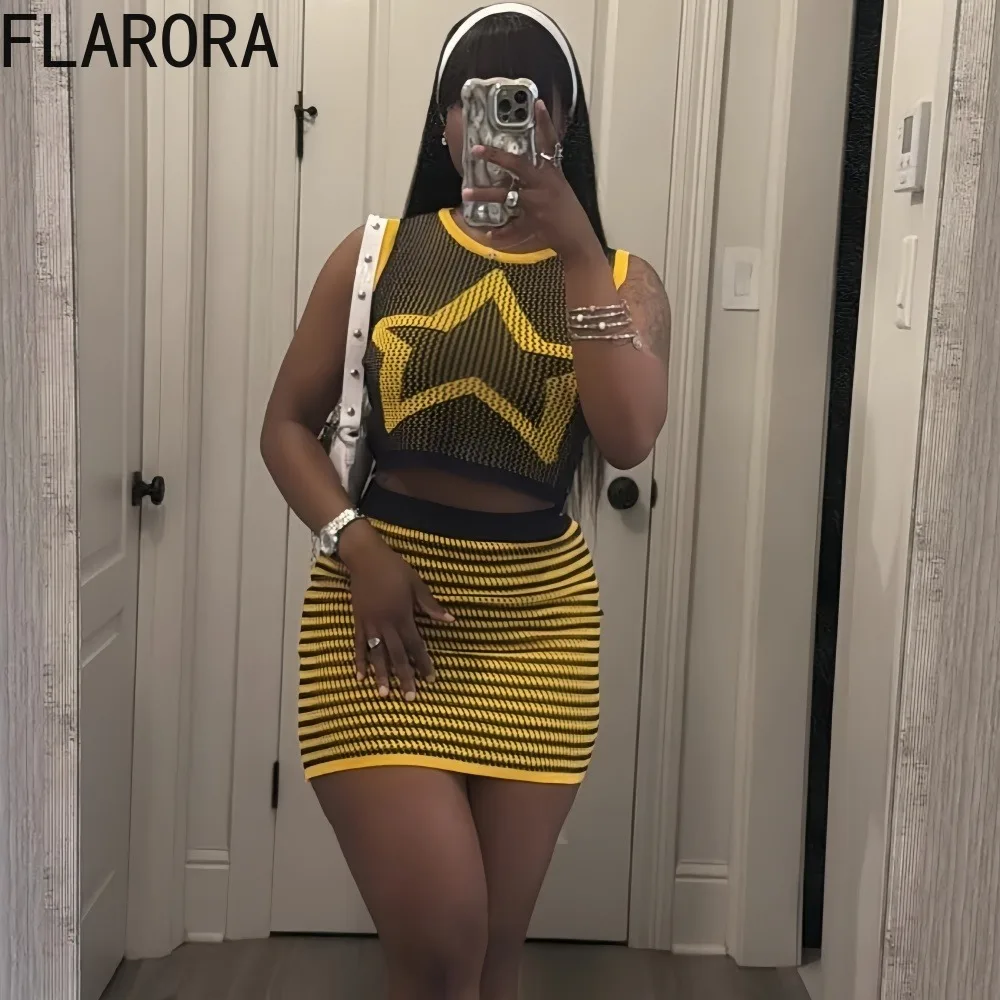 

FLARORA Fashion Ribbed Knit 2 Piece Sets Woman Sleeveless Star Print Tank Tops And Striped Mini Skirts Outfits Y2k Streetwear