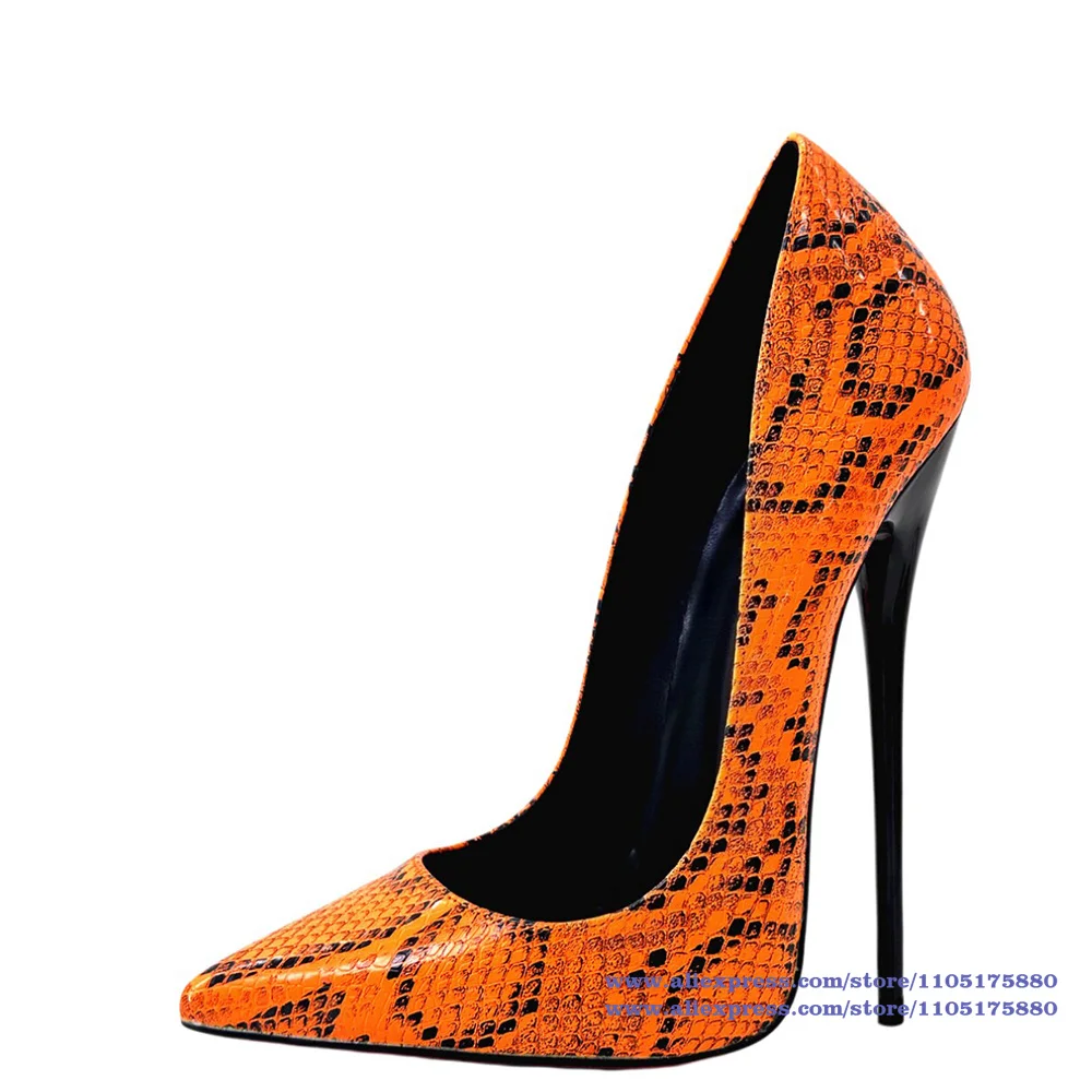 Neon Orange Snake Skin Print Slip On Pumps Pointed Toe Ultra Thin Stiletto High Heels Dress Shoes Sandalias De Mujer Verano