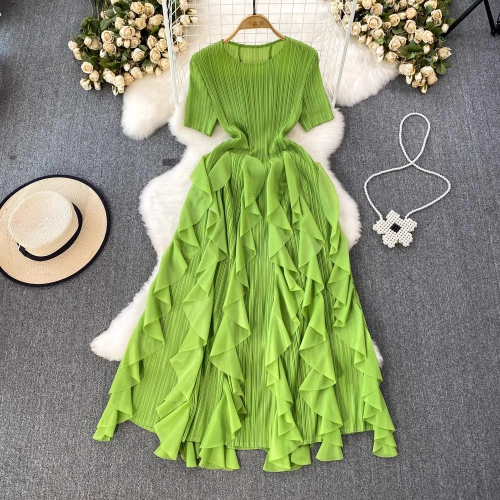 2024 New Miyake Women Pleated Short Sleeve O Neck Waist Slim Ruffle Edge Long Dress Casual Loose Party Holiday Dresses