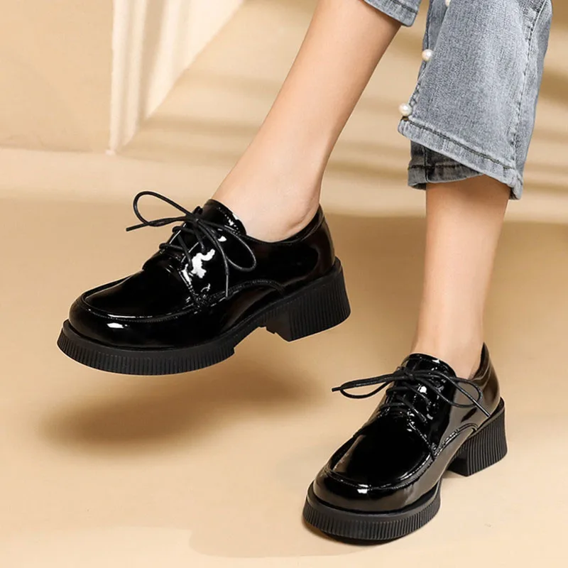 DRKANOL Fashion British Style Women Pumps Spring Autumn Patent Leather Thick Heel Shoes Women Trend All-match Casual Shoes Black