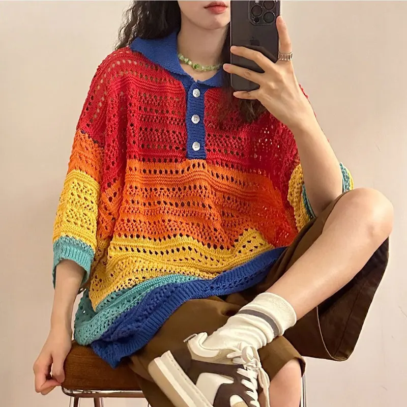 American Retro Summer Color Striped Knitted Pullovers Stylish Polo-Neck Button Female Clothing Commute Casual Loose T-shirt New