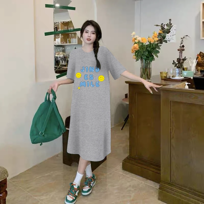 Verão novo estilo coreano moda plus size feminino split impressão camiseta vestido longo abaixo do joelho vestido das meninas