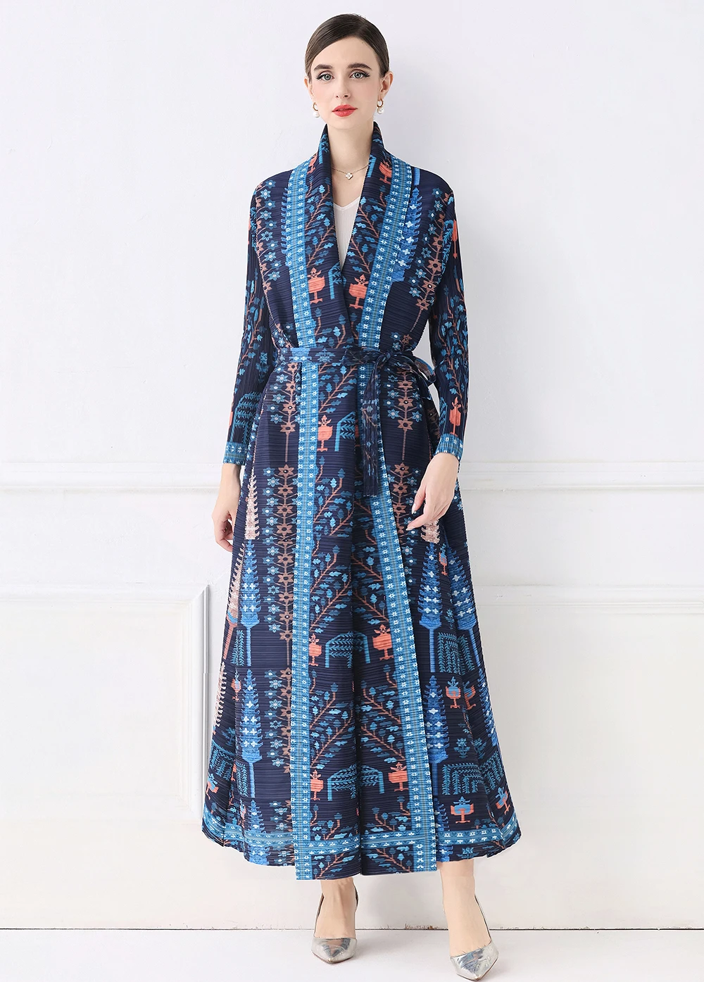 

Женское плиссированное пальто в стиле Мияке, осень 202, длинная свободная мусульманская шифоновая удобная верхняя одежда с принтом