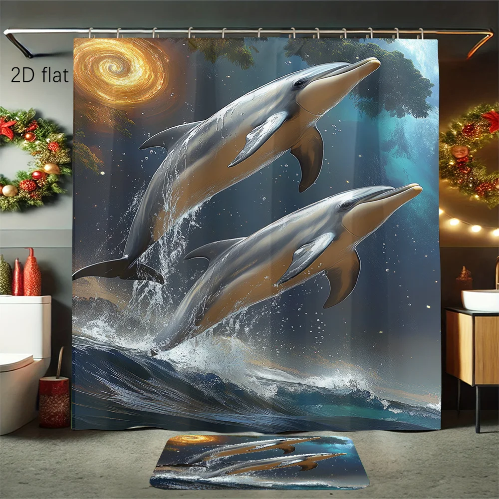 2Dflat 4pcs Dolphin Leaping Waves Sunset Print Shower Curtain Set, Decorative Bathroom Set Includes Shower Curtain, Non-Slip