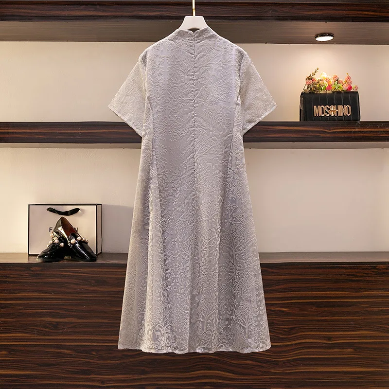 Novo 2022 verão vestido de tamanho grande para mulher cheongsam solto manga curta cinza chinês midi vestido 3xl 4xl 5xl 6xl 7xl