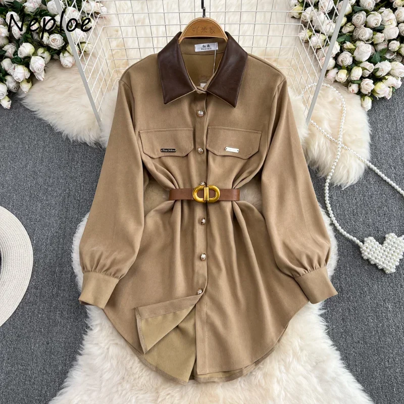 Neploe Turn Down Collar Contrast Color Long Sleeve Robe Femme Single-breasted Belt Slim Waist Dresses Vestidos De Mujer Elegant