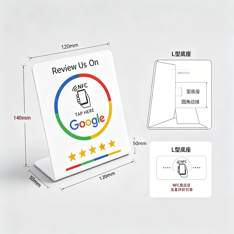 Google Review NFC Card NTAG215 Matte Scratch Resistant Tap Review Card, Reusable Bending Stand Display Card for Business Custome