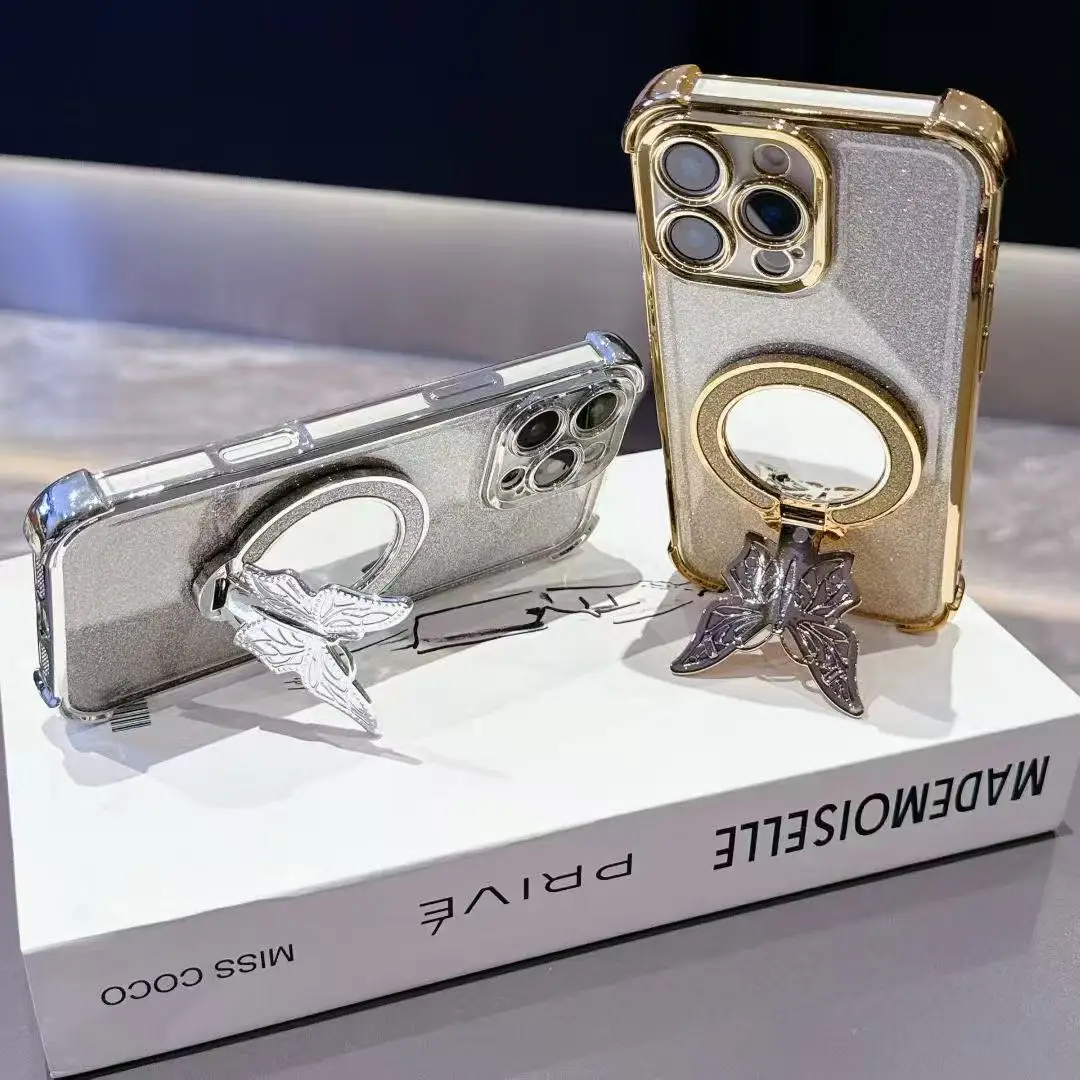 Shockproof Mirror Butterfly Holder Phone Case For Xiaomi Poco C75 C71 C65 C61 C55 C40 M7 4G M6 Plus M5S M3 M2 Pro 5G Soft Cover