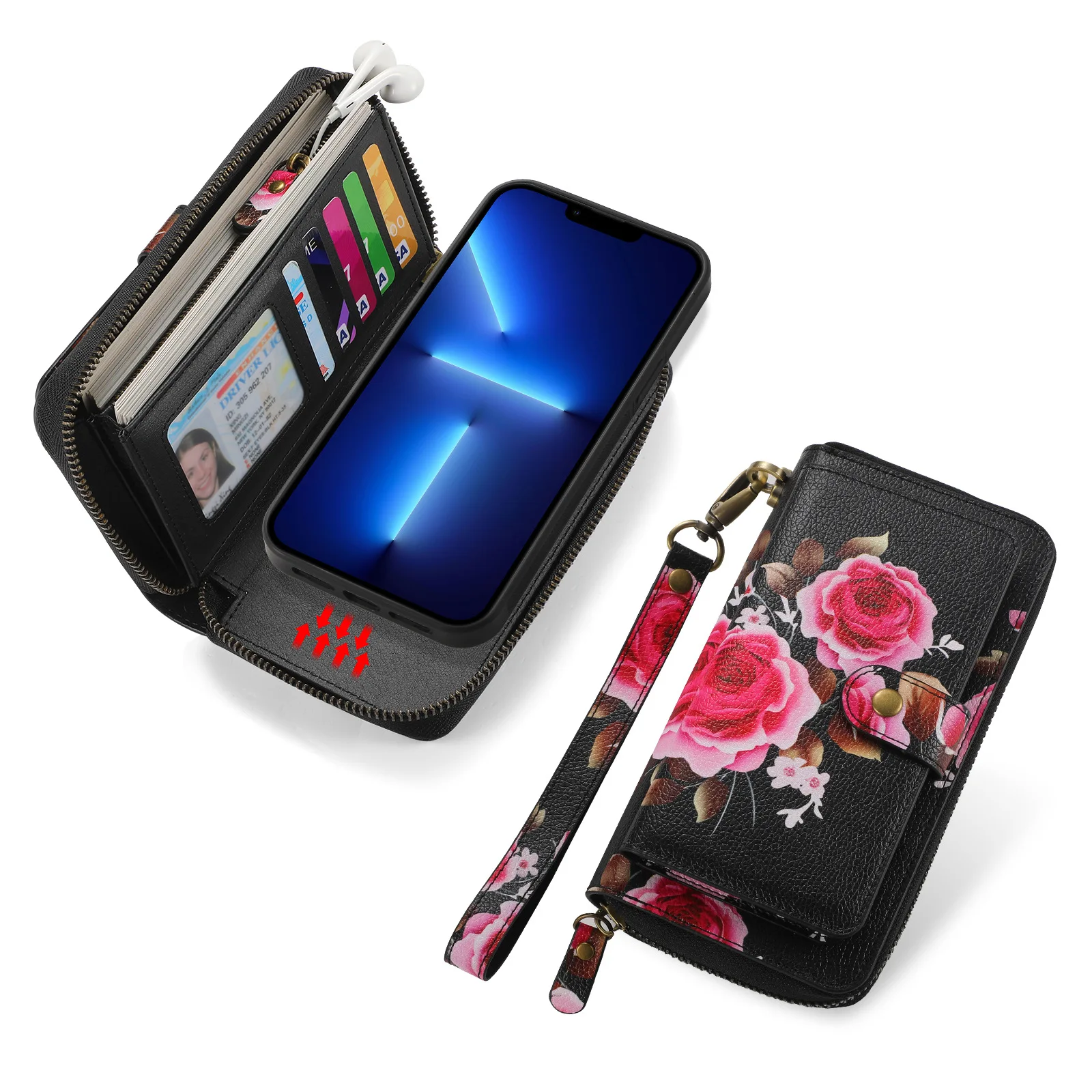 Magnetic Lanyard Leather Zipper Wallet Card Phone Case for iPhone 16 15 14 13 12 11 17 Pro Max 16 Plus Flip Purse Cover
