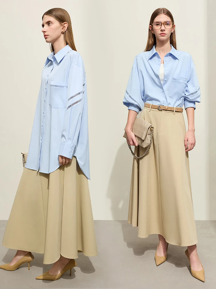 AMII Minimalism Women Shirts & Blouses 2024 Spring New Lapel Collar Hollow Ribbon Spliced Office Lady Loose Long Shirt 12441034