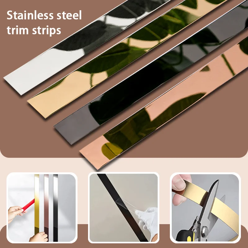 3 Meters 1 Roll Self-Adhesive Metal Strip Stainless Steel Wall Decoration Line Mirror Effect Suitable for Indoor Decoration