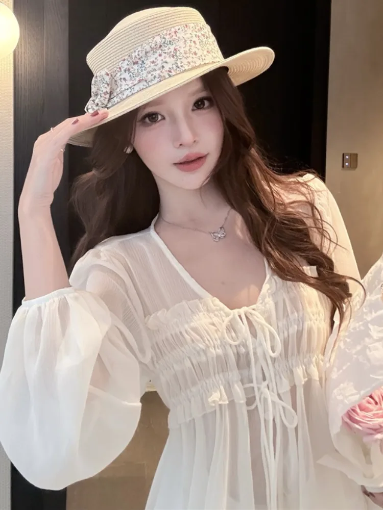 

Elegant Sexy V-Neck Tied Long Sleeve Chiffon Shirt Women Spring Summer Breathable Anti-Aging Lantern Sleeve Blouse Citywalk