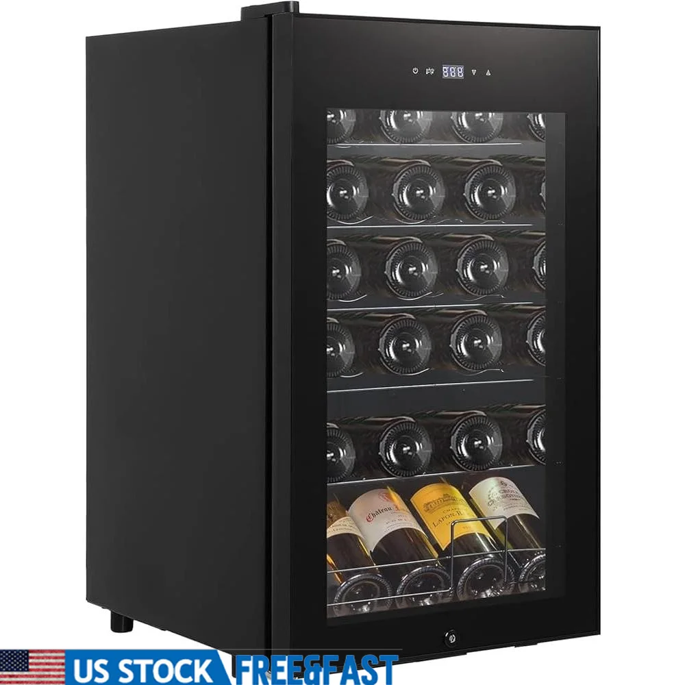 28 Bottle Wine Cooler Compressor Refrigerator Digital Temperature Control Lockable Wine Cellar Adjustable Shelves Energy