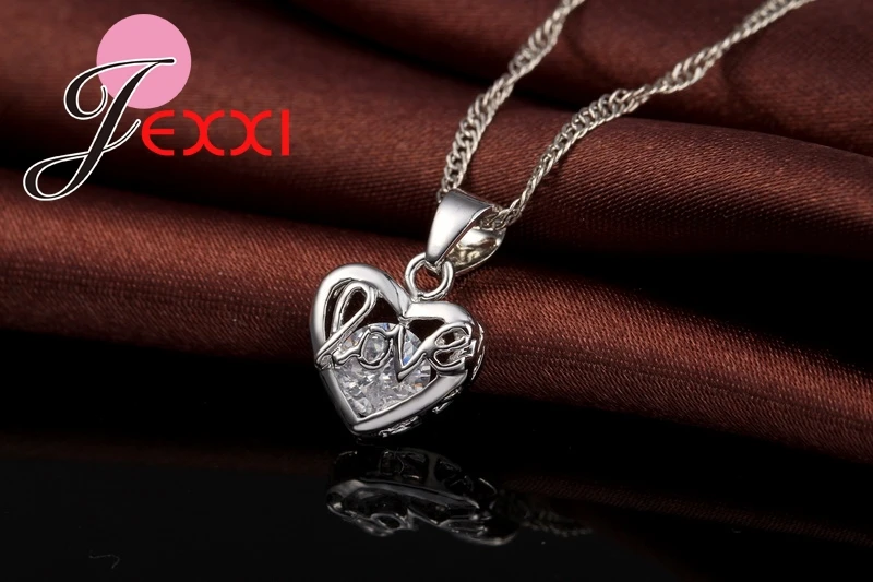 Classic Luxury 925 Sterling Silver Color Shinning CZ Stone Love Letter Heart Shape Necklace Earring Set Wedding Jewelry sets