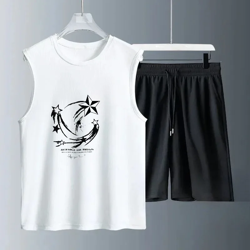 Thin Men Sets Oversized Sports Suit Sleeveless T Shirts + Shorts Pants Sports Vest Two-piece Set 2025 Summer  Sportswear Y2k Top