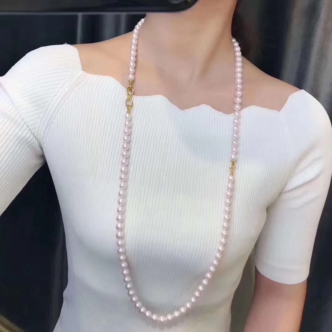 Double Strands AAA++ 9-10mm Natural Akoya White Pearl Necklace 925 silver Buckle