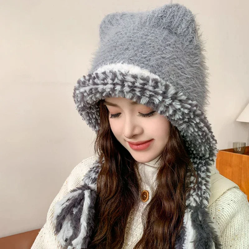 New Winter Windproof Warm Cute Bear Ear Knit Hat With Soft Ear Protection