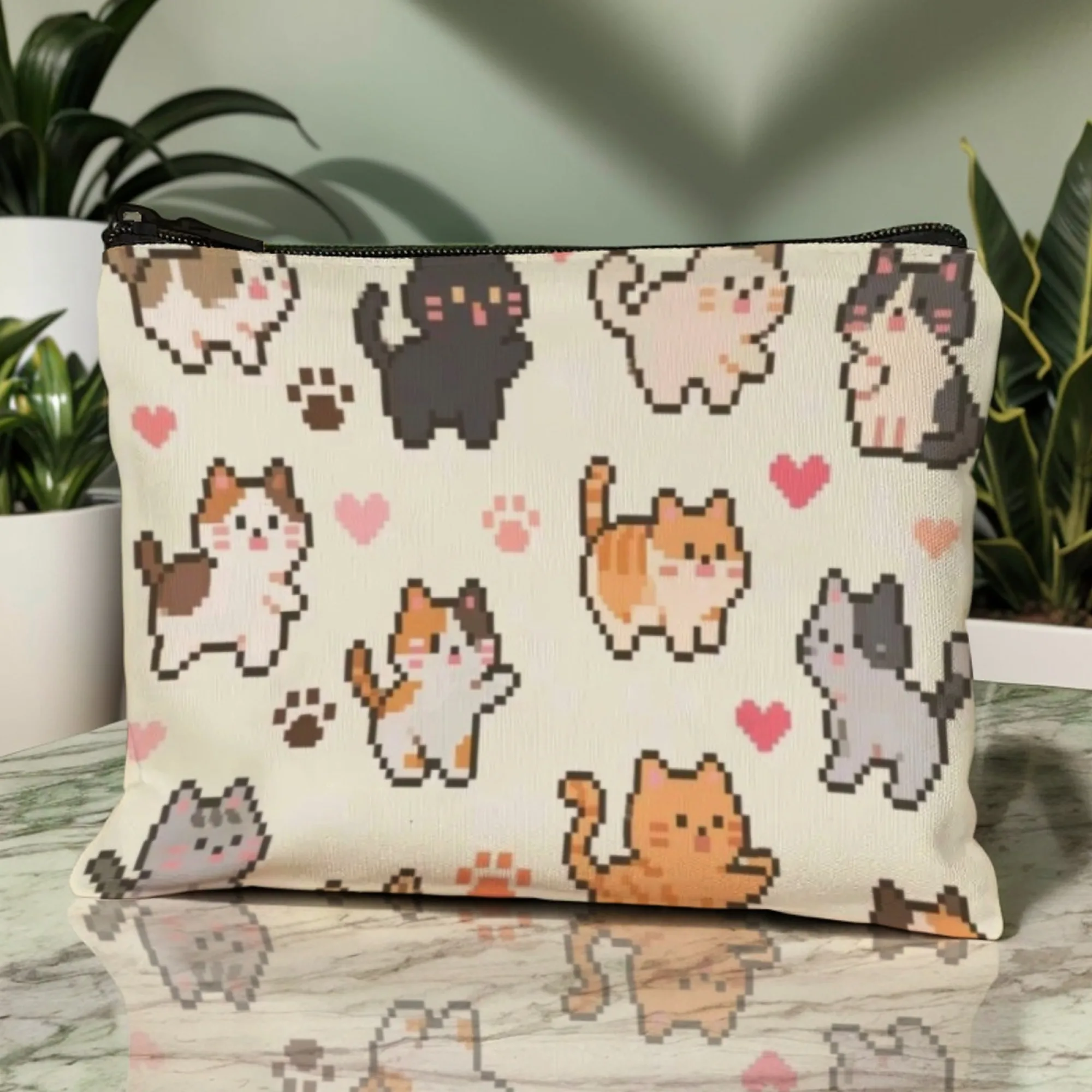 Retro Pixel Cute Cartoon Cats Cosmetic Pouch Multi-Colored Bit Kittens Hearts & Paw Prints Fun Makeup & Accessories Organizer
