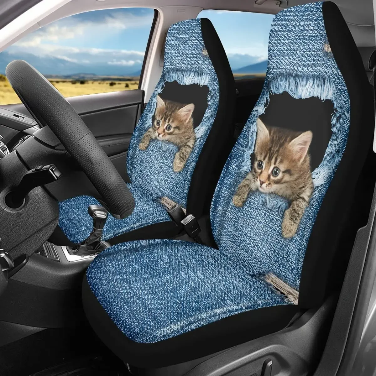 Cowboy Cat Car Seat Cover Universal Vehicle Drive Seat Cover Protector ,High Back Seat Covers 2pc Set fit Most SUV Van