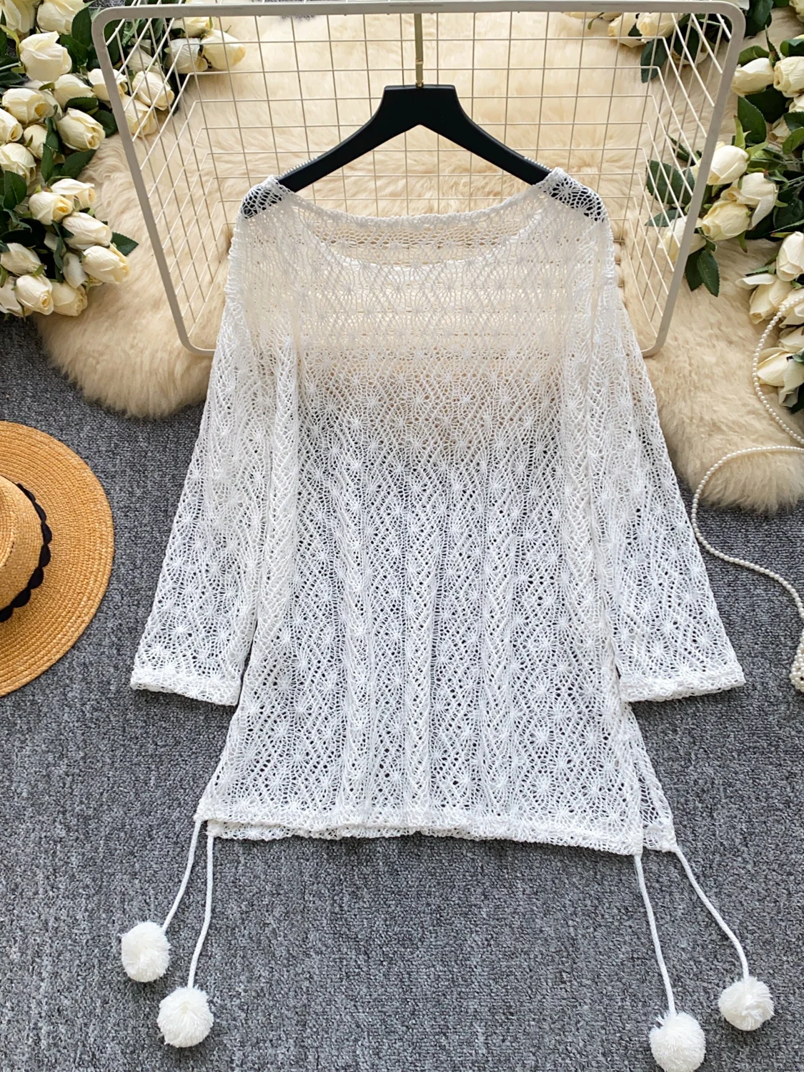 Lace Open Cardigan Women's Summer Long Sleeve Loose Commute Style White Ball Decoration Top Breathable Hollow out Skin-Friendly view 4