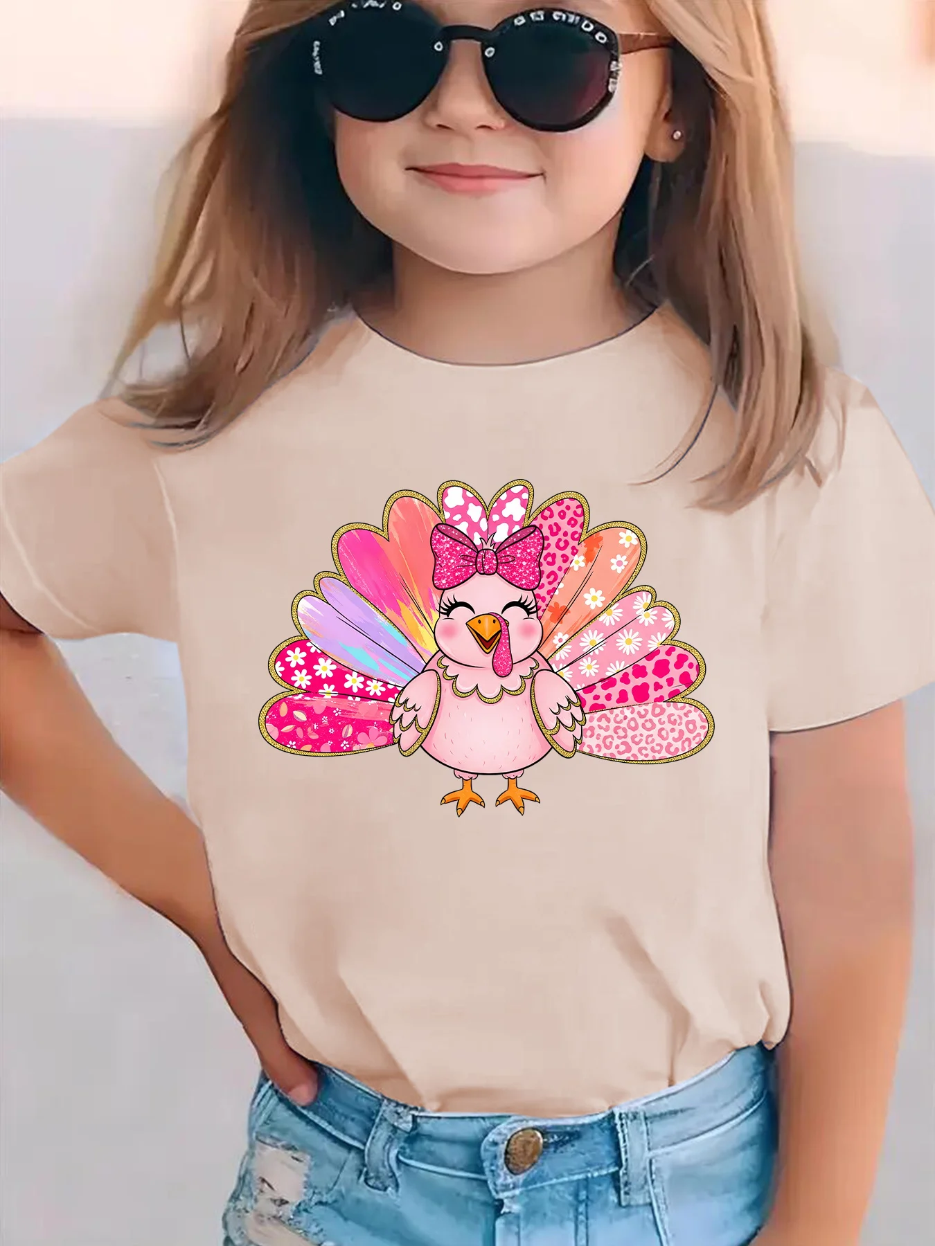 الفتيات قصيرة الأكمام تي شيرت عيد الشكر الوردي تركيا واليقطين طباعة عارضة أعلى الكرتون تركيا الشكر القمصان للفتيات