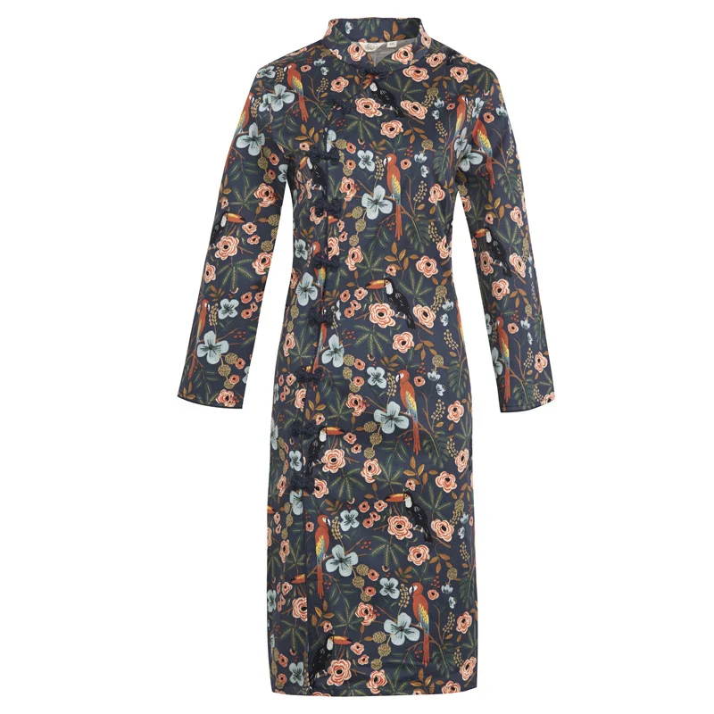 

Ele Chinese Sle Slim Fit Qipao with Belt Nine-Quarter Sves And Midi Length Cotton Floral Print Daily Wear