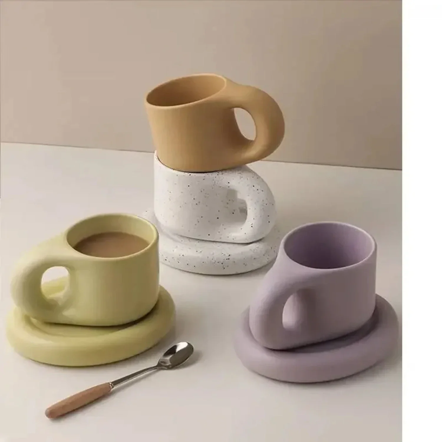 

Colorful and Creative Ceramic Mugs with Saucer - Stylish and Unique drinkware set for Office - Fun Fat Cups for Coffee, Milk, or