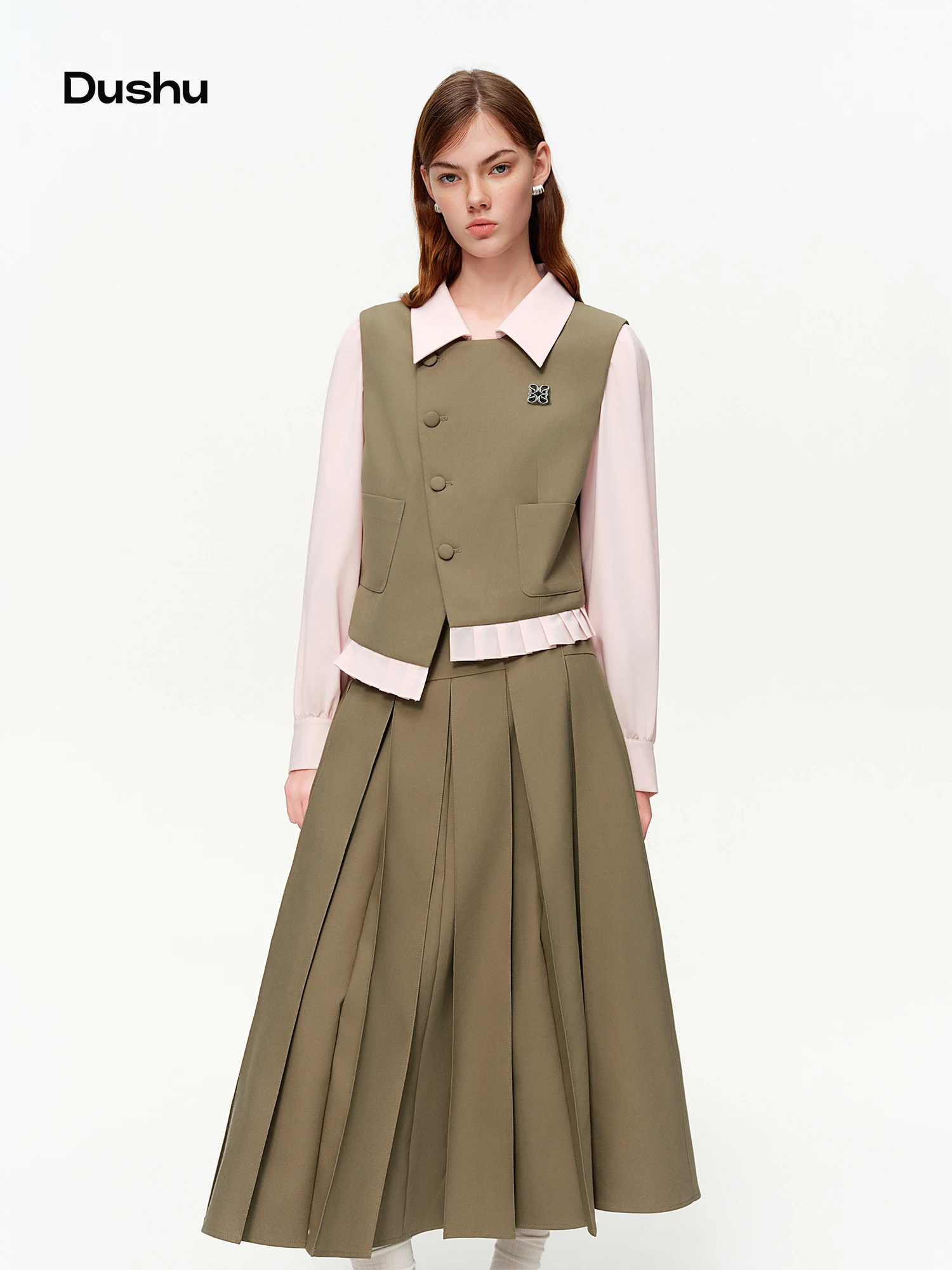 DUSHU Women's College Notes Style Asymmetrical Collar Top and Matching Pleated Skirt Set 2026 Spring New Arrinal Break Outfit