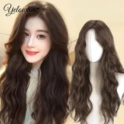 YELOWTI  Popular Brown Ash Long Deep Wave Hair Lolita Wigs With Bangs Synthetic Wig For Women Fashion Thick Curls Wigs Girl