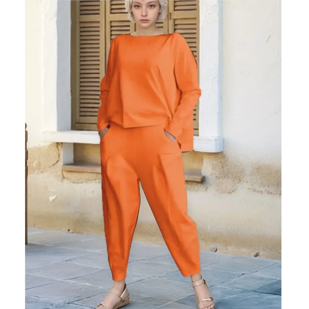 Autumn Winter New Fashion Solid Color T-shirt Women 2 Piece Set Casual Loose Pocket Harlan Pants Female Suit Ladies Street Wear