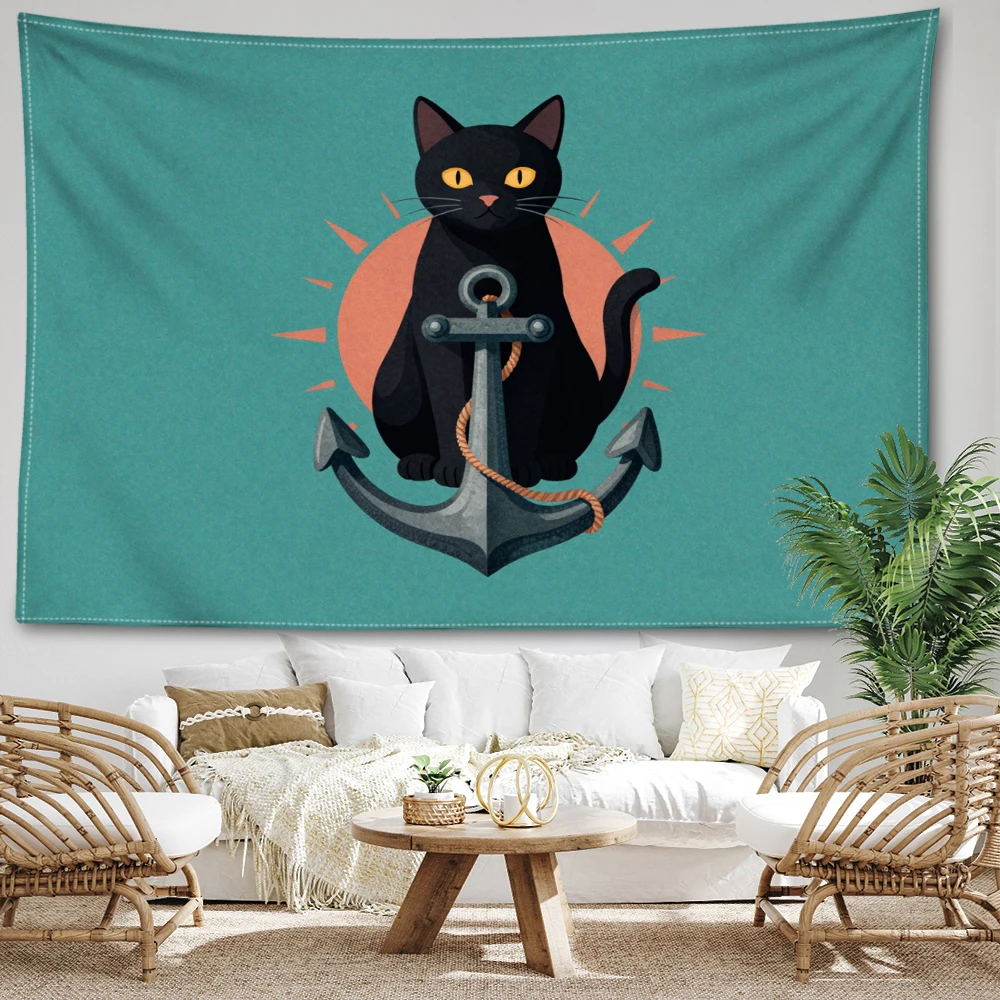 Teal Black Cat Ship Anchor Vintage Wall Tapestry, Nautical Boho Decor
