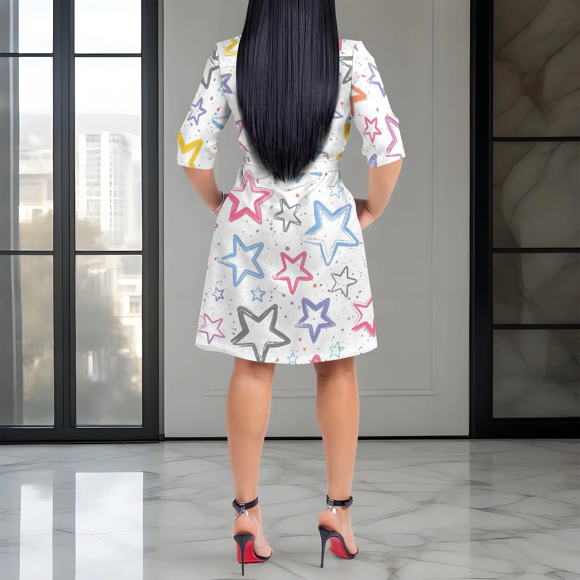 여성을위한 Nupusa 스타 프린트 드레스 표준 사이즈 여름 캐주얼 셔츠 칼라 하프 슬리브 드레스