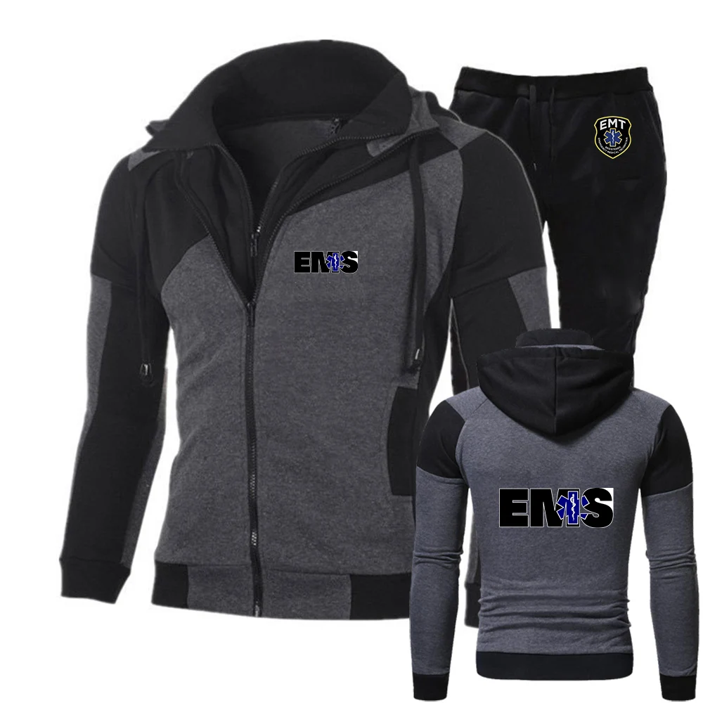 

Мужской модный костюм-двойка 2026: худи на молнии с диагональным разрезом и брюки, с принтом EMT Emergency Ambulance EMS, весна-осень