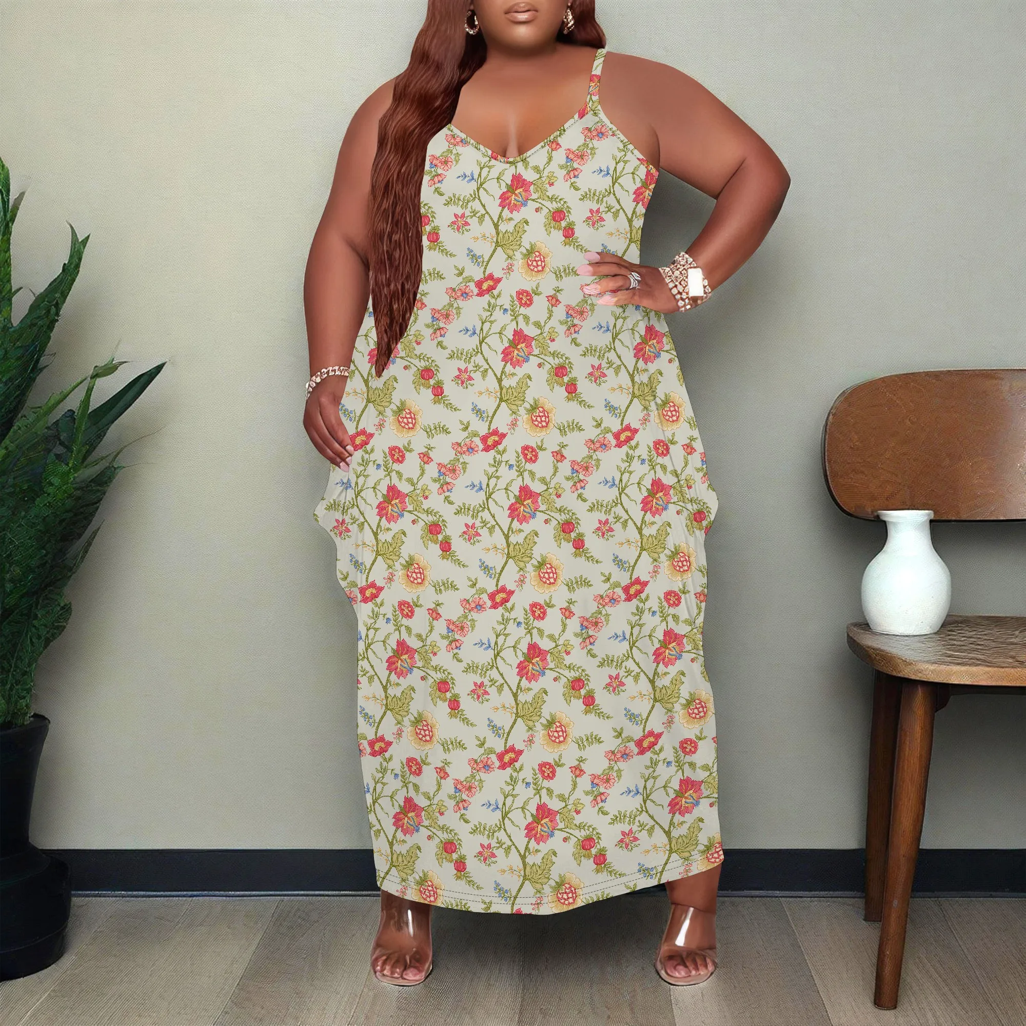 Robe longue grande taille pour femmes, imprimé Floral, bretelles amples, avec poche, respirante, Y2K XL-6XL