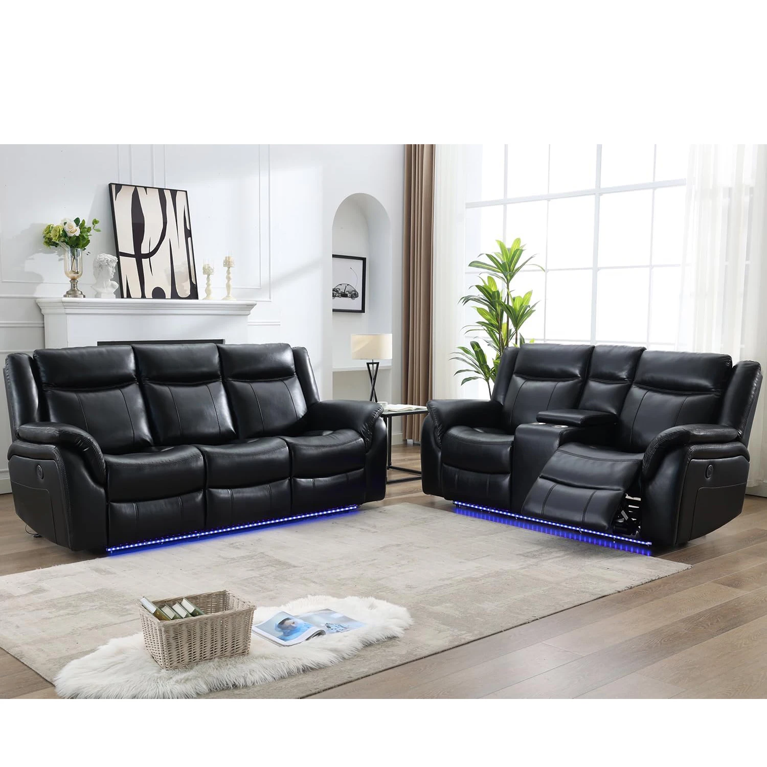 

5 Seater Power Recliner Sofa Set for Living Room - Faux Leather, Reclining Sofa Loveseat with Wireless Charger LED Lights (M05)