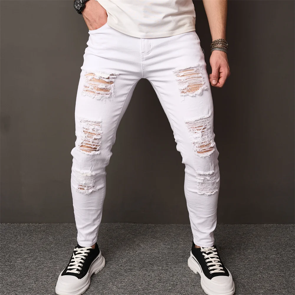 Men Street style Holes Skinny Beggar Jeans Good Quality Distressed Men\'s Slim Pencil Denim Pants Male Clothing