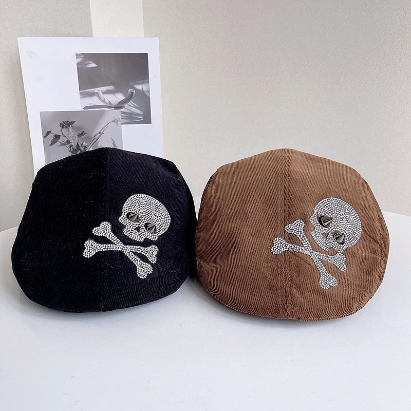 Fashionable Rhodochrosite Skull Forward Hat  Women Winter Niche Punk Style  Reversed Beret Corduroy Fedora Hat Trendy Look