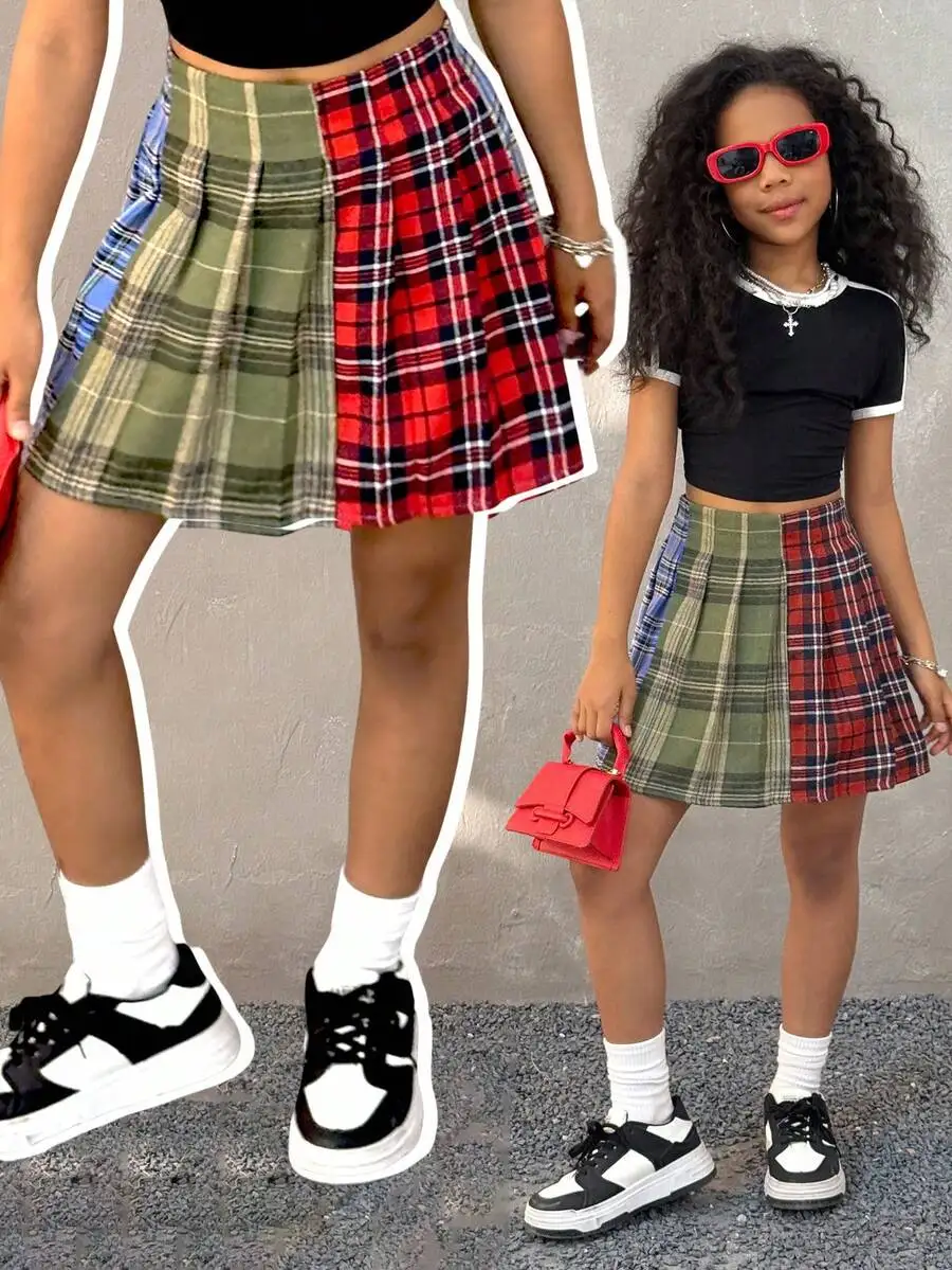 

Girls Pleated Mini Skirt with Colorblock Plaid Pattern, Casual Streetwear Style
