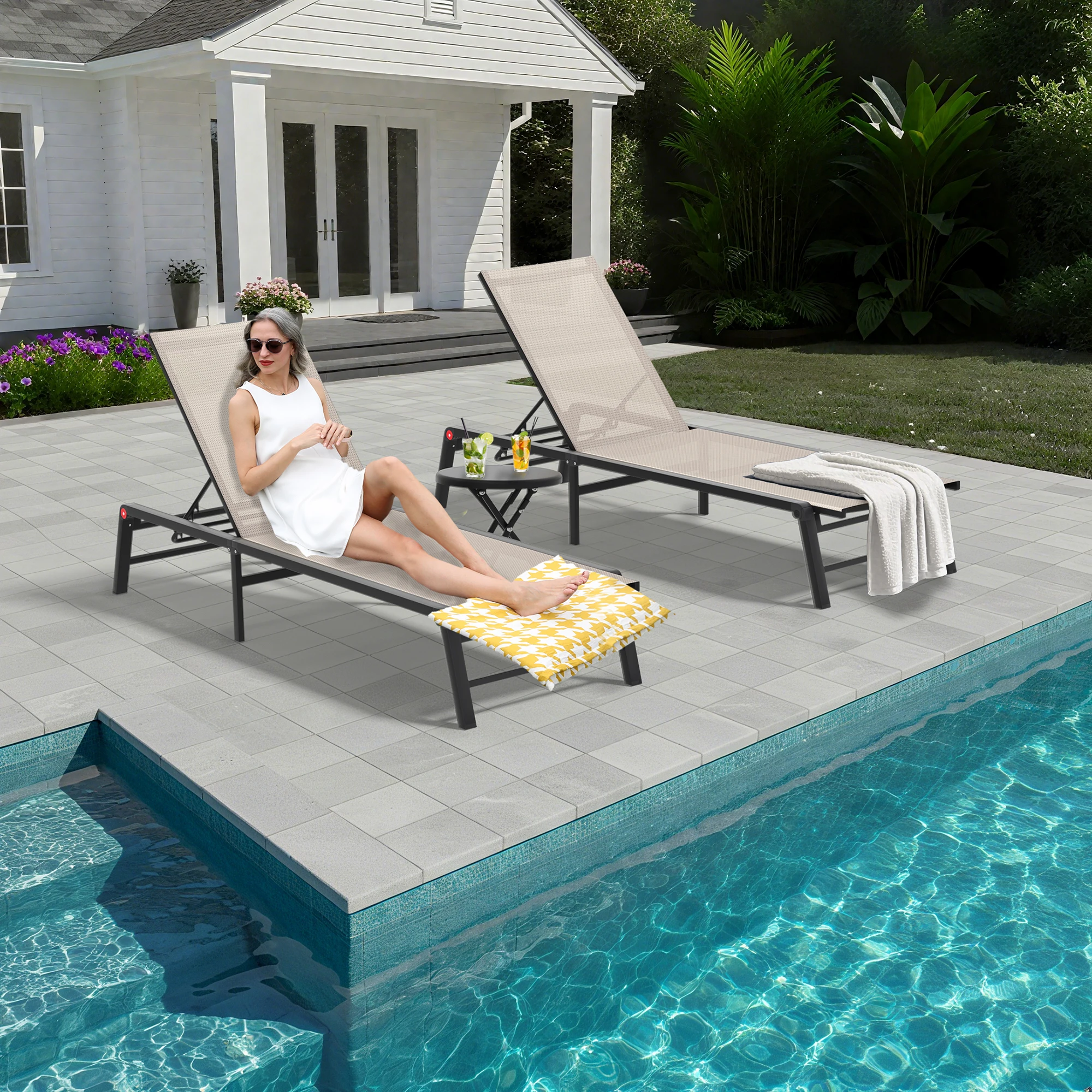 Outdoor Furniture Recliner Set - Foldable Sun Lounger, Aluminum Beach Recliner