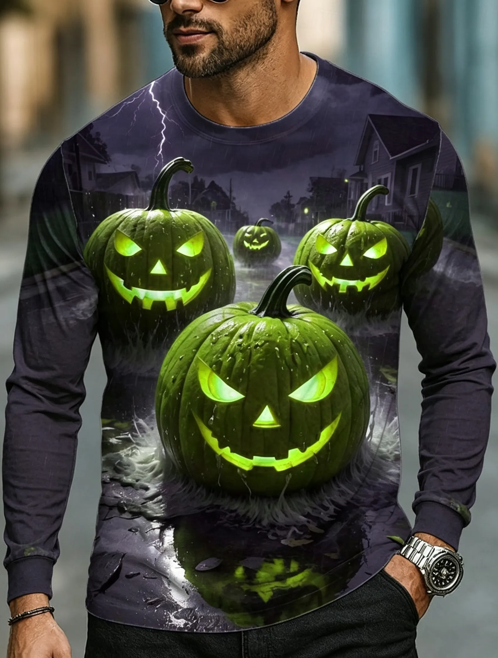 Men's Long Sleeve T-Shirt Halloween Glowing Pumpkin 3D Print Storm Scenery Gothic Casual Street Tops