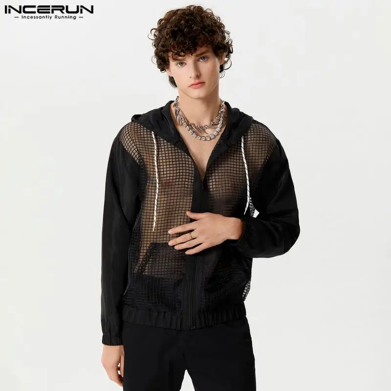 

Handsome Men Tops INCERUN Grid Perspective Mesh Patchwork Shirt Fashion Hooded Drawstring Thin Long Sleeved Zipper Blouse S-5XL