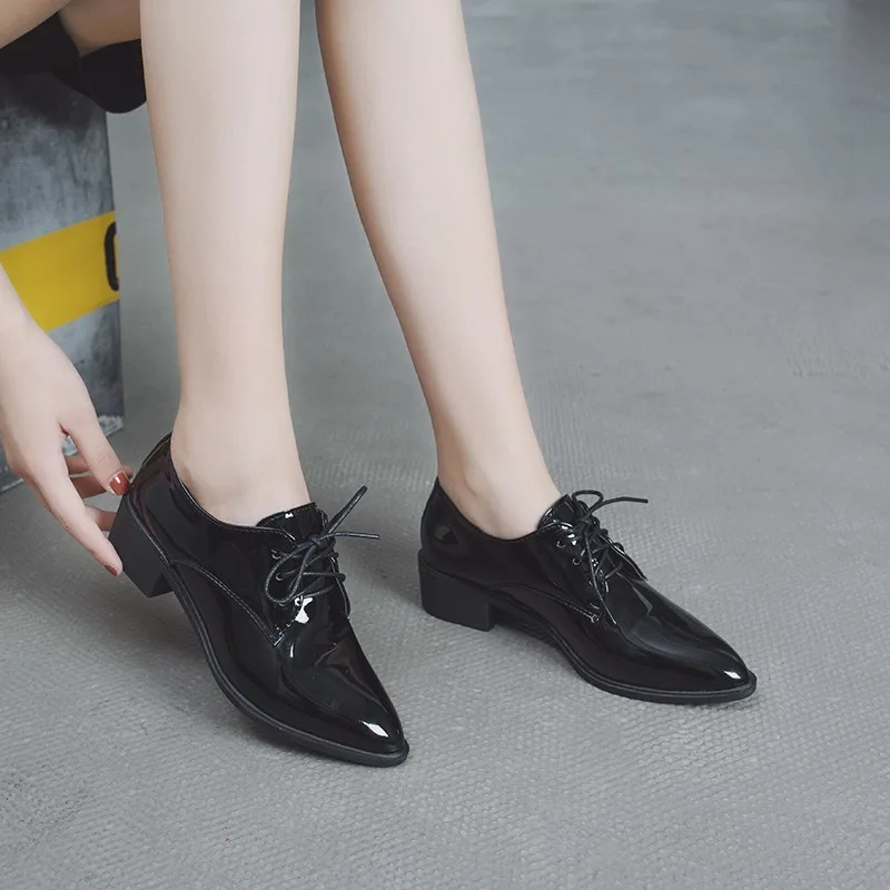 Women Oxford Flats Autumn Spring PU Leather Shoes Woman Full Black Office Female Derby Lace-up Zapatillas Mujer Casual Loafers