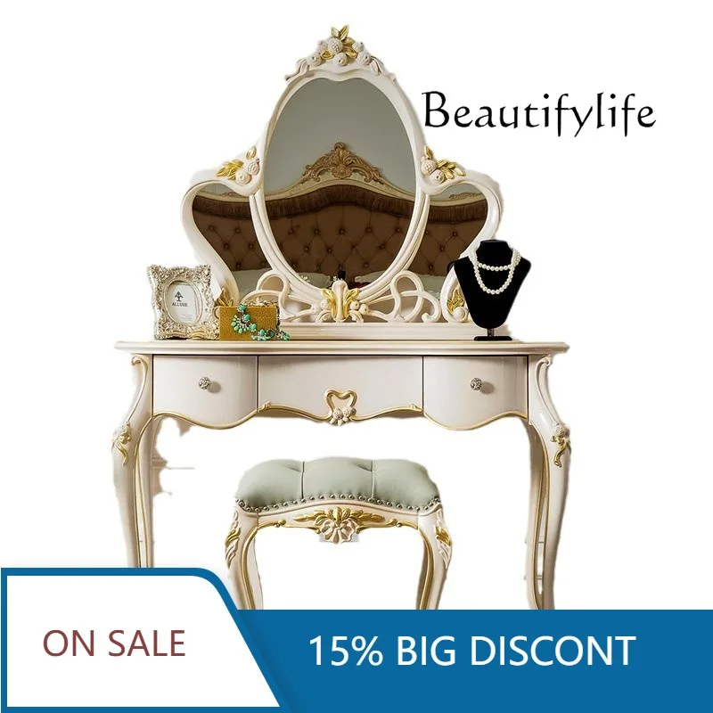 

Французский комод с резьбой, европейский туалетный столик для спальни, комбинация с табуретом, туалетный столик из массива дерева, зеркало для макияжа X
