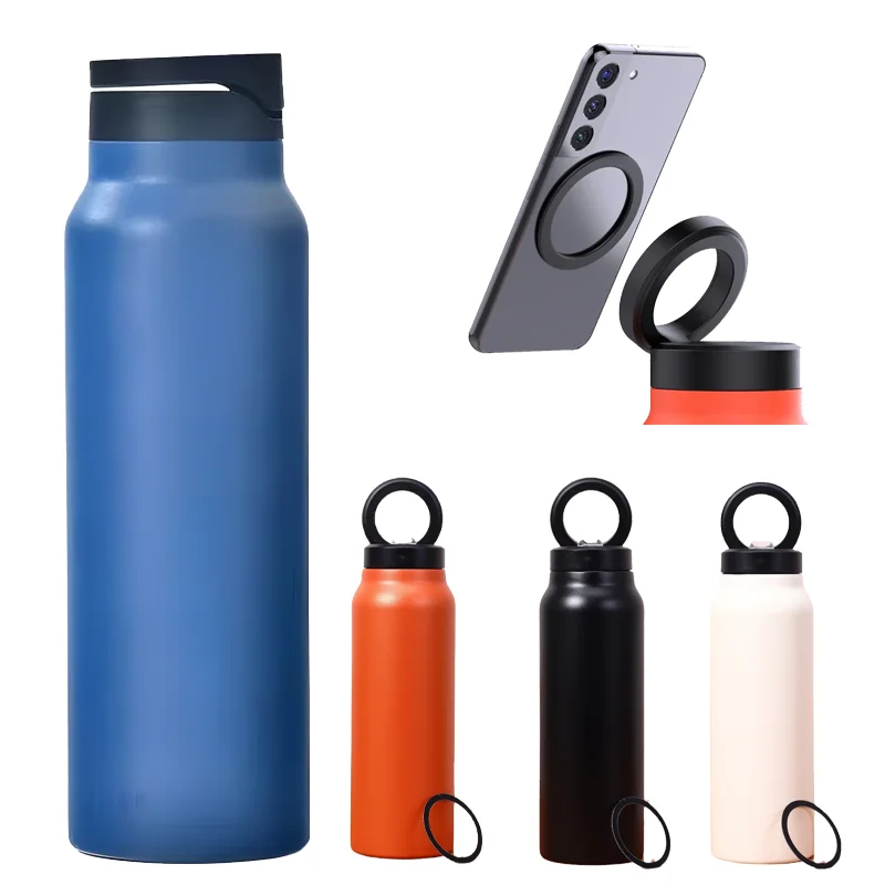 마그네틱 뚜껑이 달린 단열 스테인리스 스틸 스포츠 물병, 휴대폰 거치대, BPA 프리, 야외 활동에 적합, 24oz