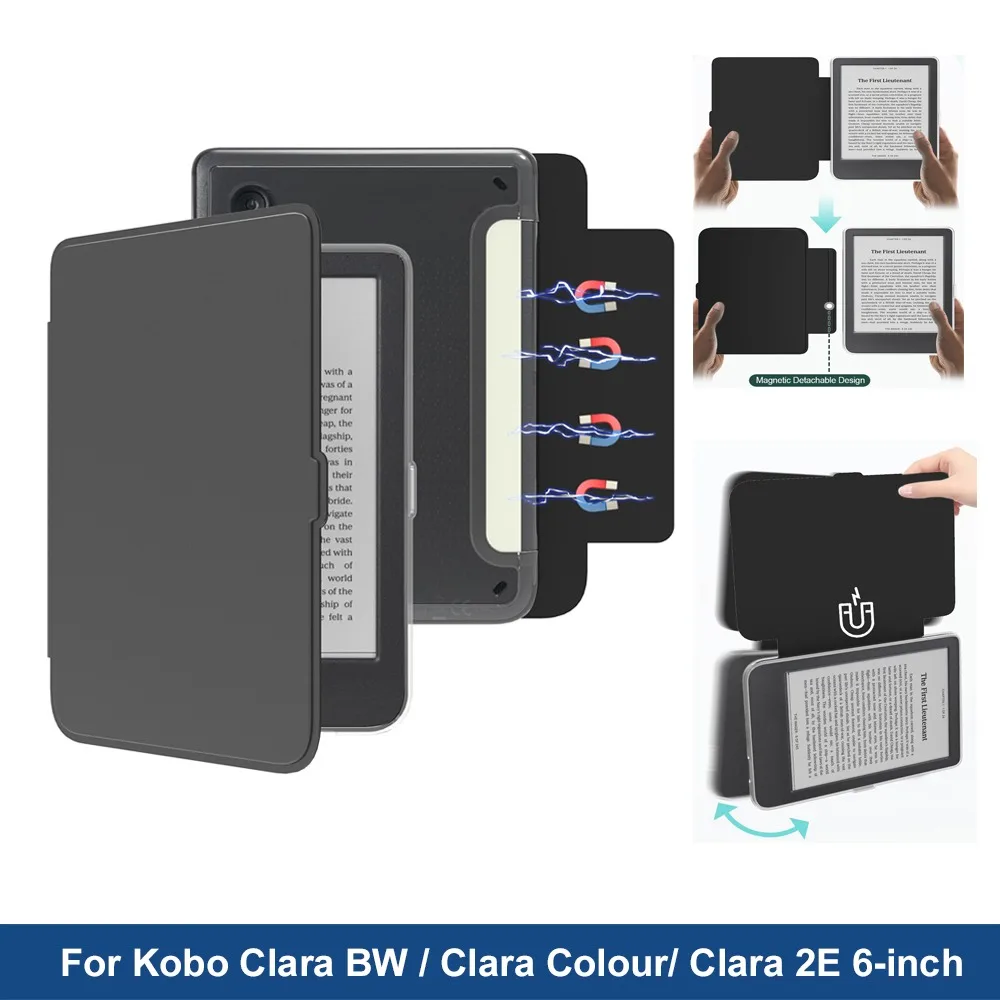 Funda Case For Kobo Clara Colour / BW / 2E Smart DETACHABLE (Model: N365 N367 N506) 6' EBook Flip Book Cover with Acrylic Back