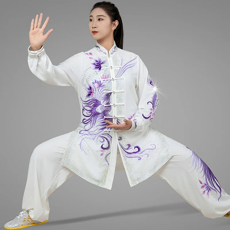 Women's White Embroidered Lotus Phoenix Tai Chi Suit - High-End Heavy Rhinestone Double Silk Hemp Spring Summer Practice Uniform