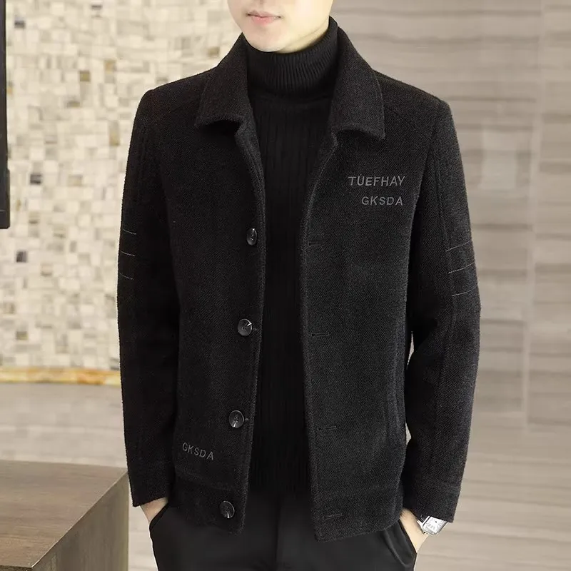 Men's Thickened Woolen Jacket Short Autumn Winter Tweed Coat Casual Style Windbreaker Korean Version Loose Fit Button Decor